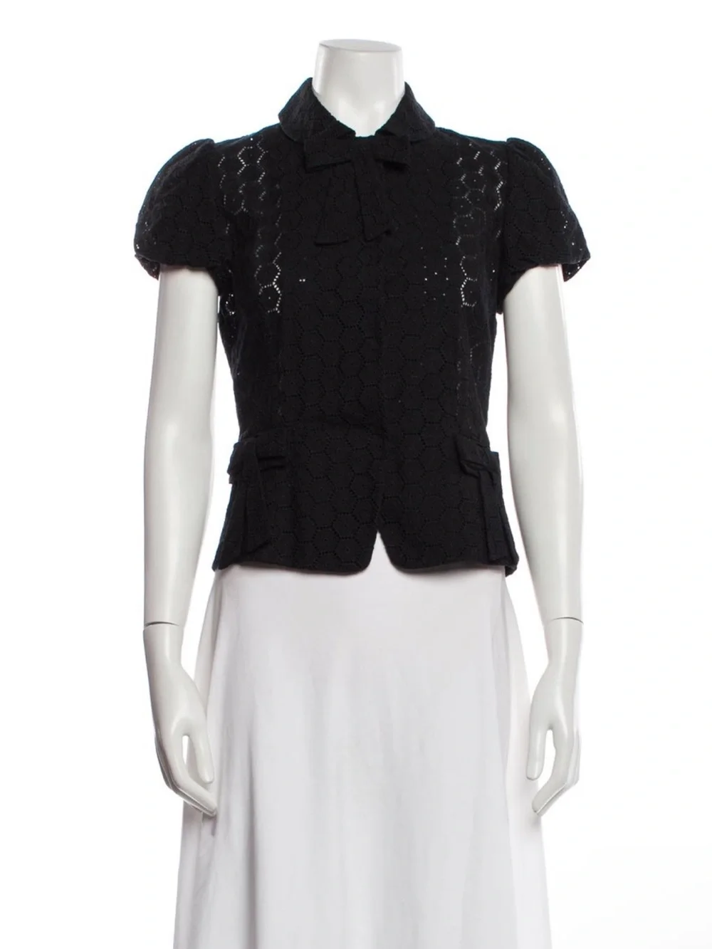 Blumarine Black Short-Sleeve Cropped Lace Blouse with Bow Collar